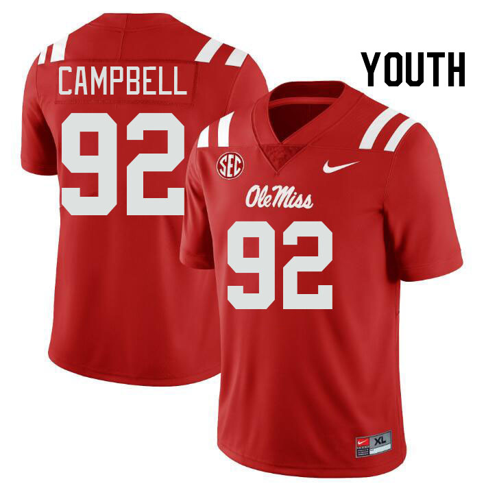 Youth #92 Chamberlain Campbell Ole Miss Rebels College Football Jerseyes Stitched Sale-Red